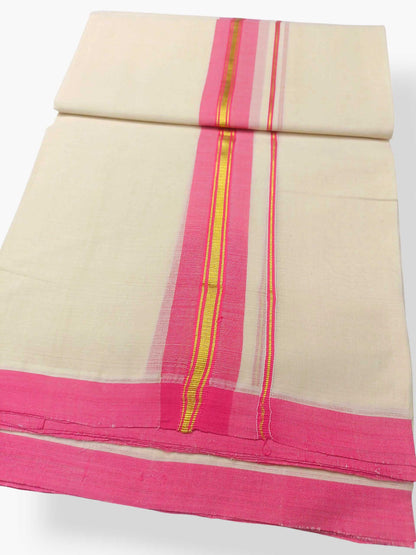 Balaramapuram Handloom Double Mundu Pure Cotton with Rose Border