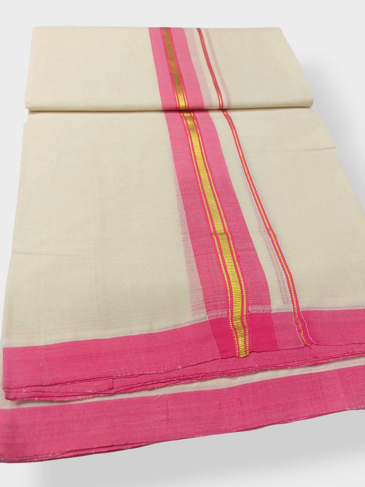 Balaramapuram Handloom Double Mundu Pure Cotton with Rose Border