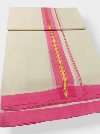 Balaramapuram Handloom Double Mundu Pure Cotton with Rose Border