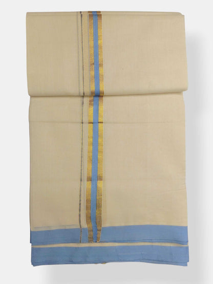 Balaramapuram Handloom Double Mundu Pure Cotton with Blue Border
