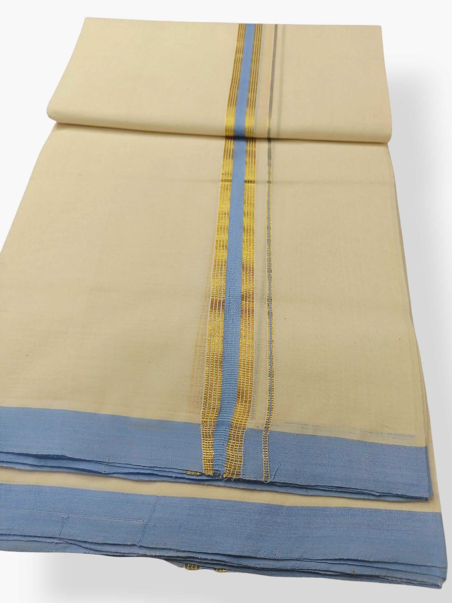 Balaramapuram Handloom Double Mundu Pure Cotton with Blue Border