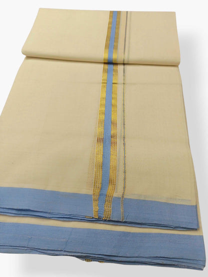 Balaramapuram Handloom Double Mundu Pure Cotton with Blue Border