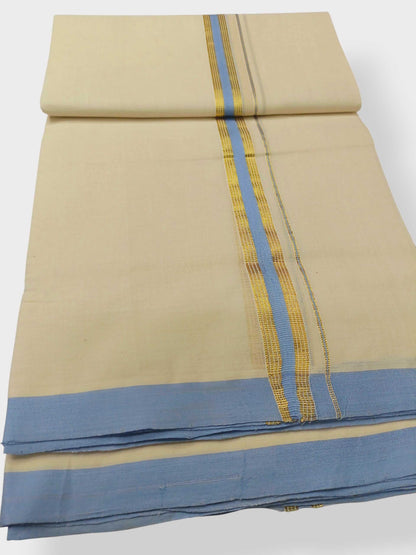 Balaramapuram Handloom Double Mundu Pure Cotton with Blue Border