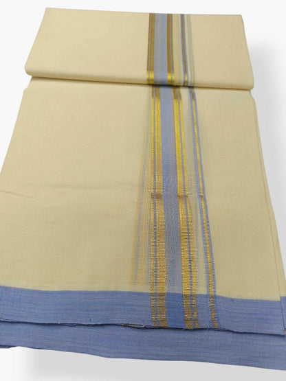 Balaramapuram Handloom Double Mundu Pure Cotton with Blue Border