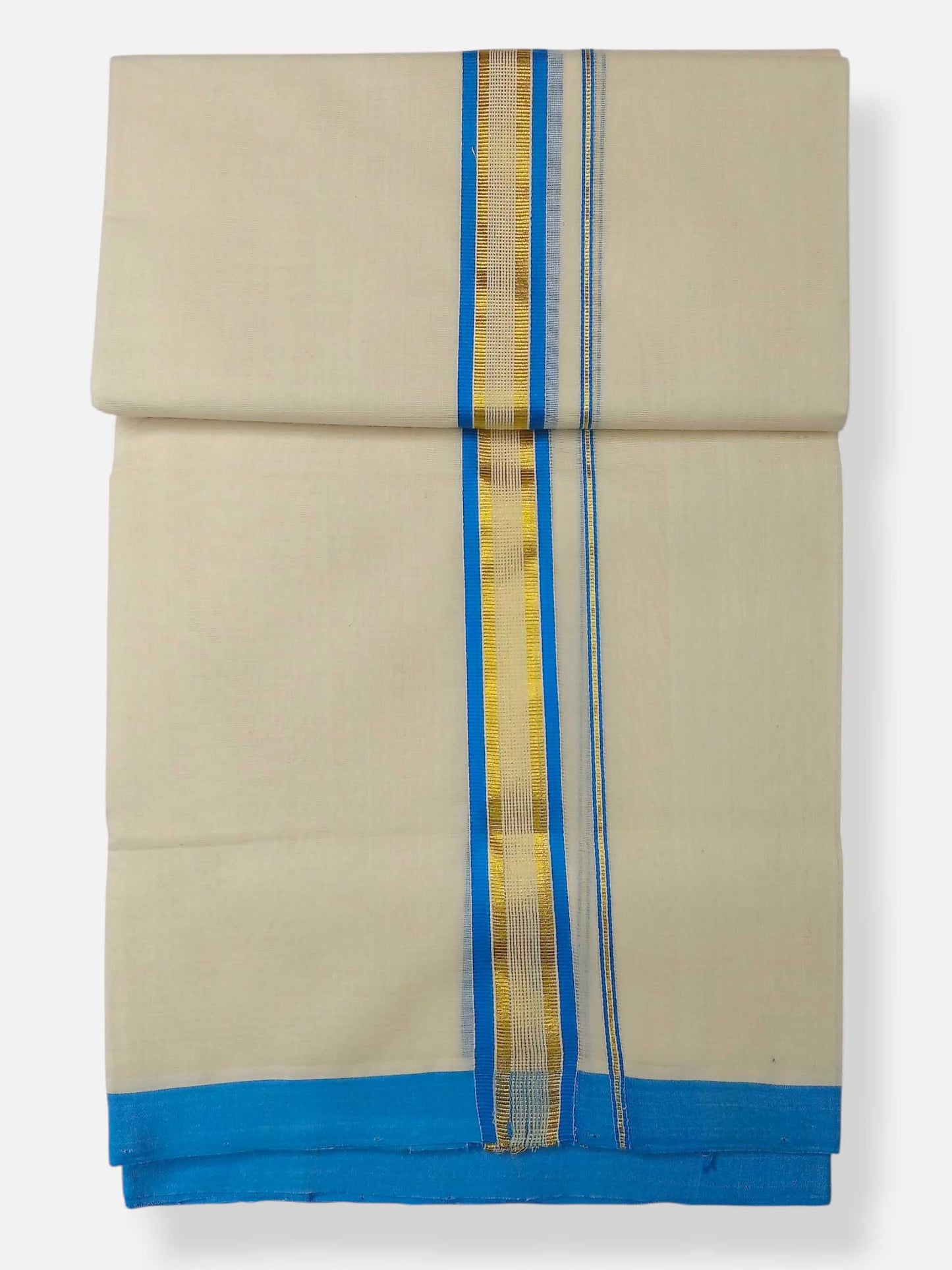 Balaramapuram Handloom Double Mundu Pure Cotton with SkyBlue Border