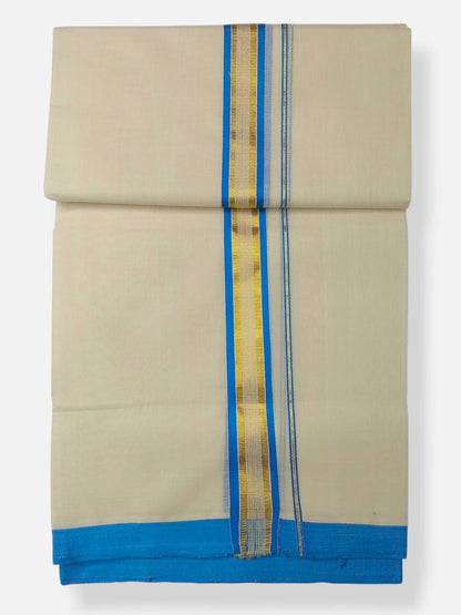 Balaramapuram Handloom Double Mundu Pure Cotton with SkyBlue Border