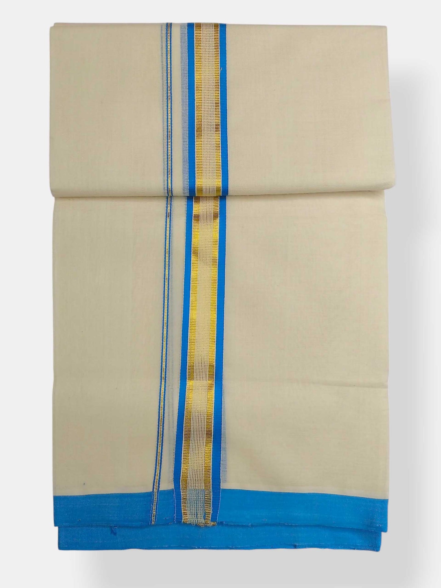 Balaramapuram Handloom Double Mundu Pure Cotton with SkyBlue Border