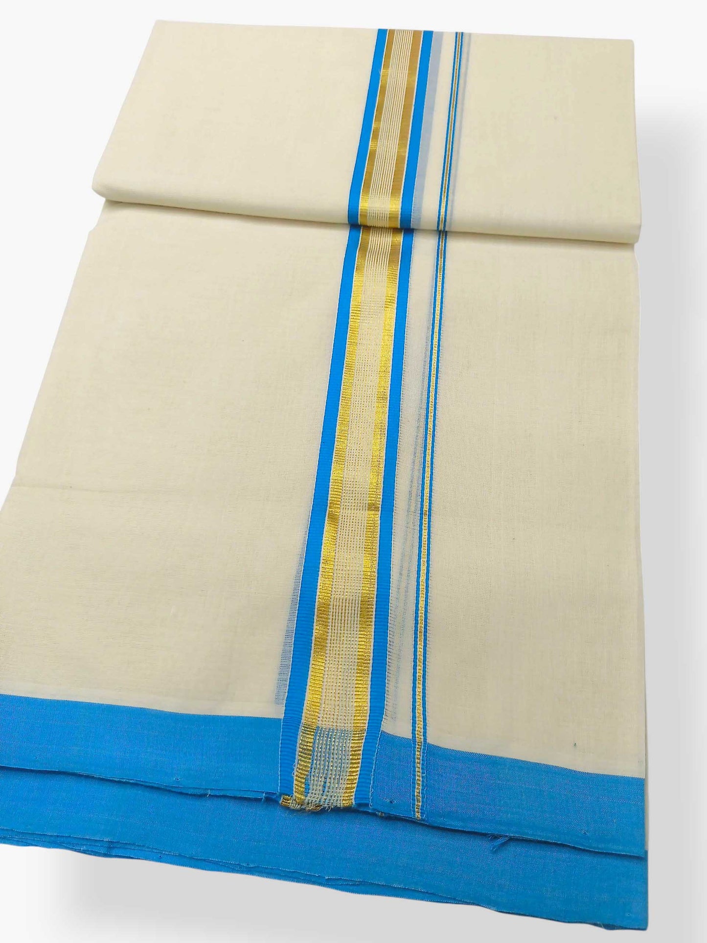 Balaramapuram Handloom Double Mundu Pure Cotton with SkyBlue Border