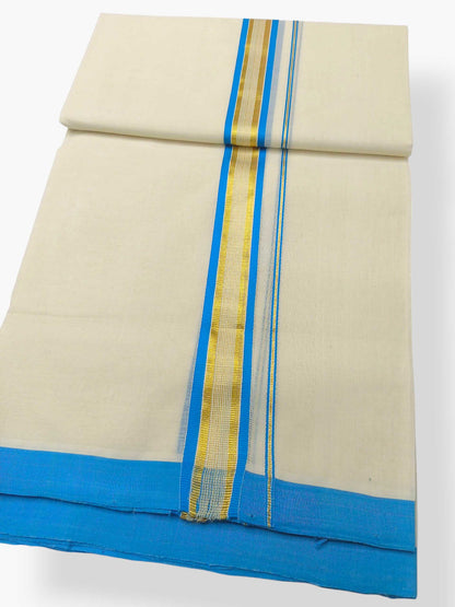 Balaramapuram Handloom Double Mundu Pure Cotton with SkyBlue Border
