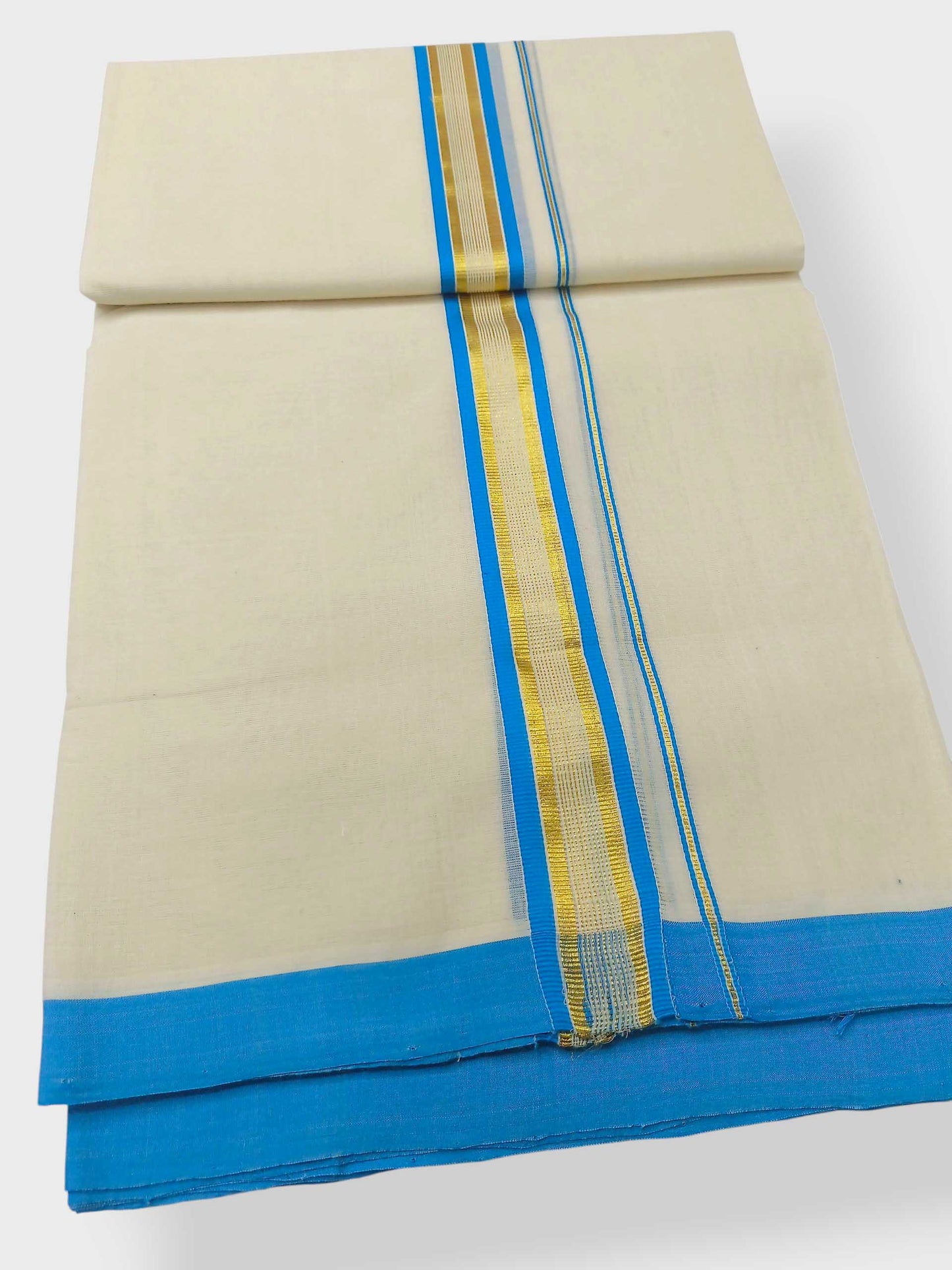 Balaramapuram Handloom Double Mundu Pure Cotton with SkyBlue Border