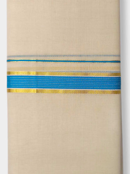 Balaramapuram Handloom Double Mundu Pure Cotton with SkyBlue Border