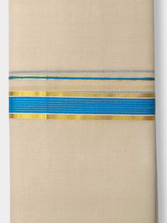 Balaramapuram Handloom Double Mundu Pure Cotton with SkyBlue Border