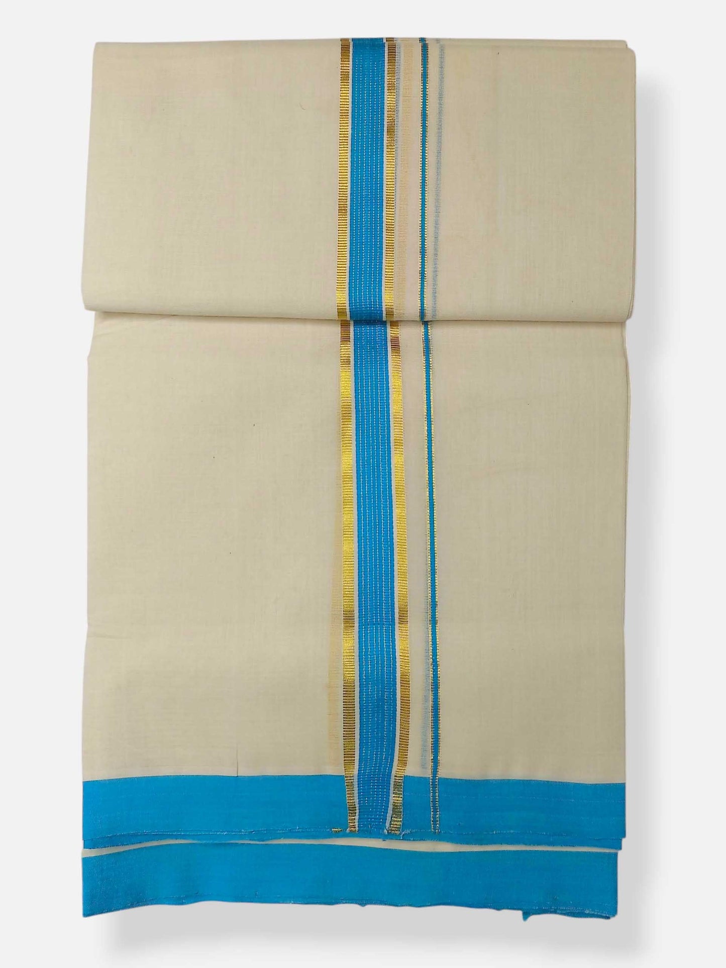 Balaramapuram Handloom Double Mundu Pure Cotton with SkyBlue Border