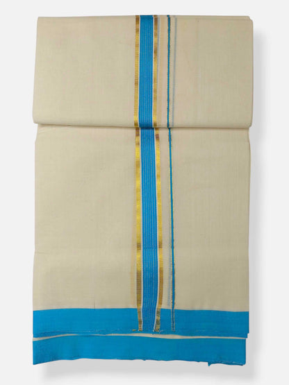 Balaramapuram Handloom Double Mundu Pure Cotton with SkyBlue Border