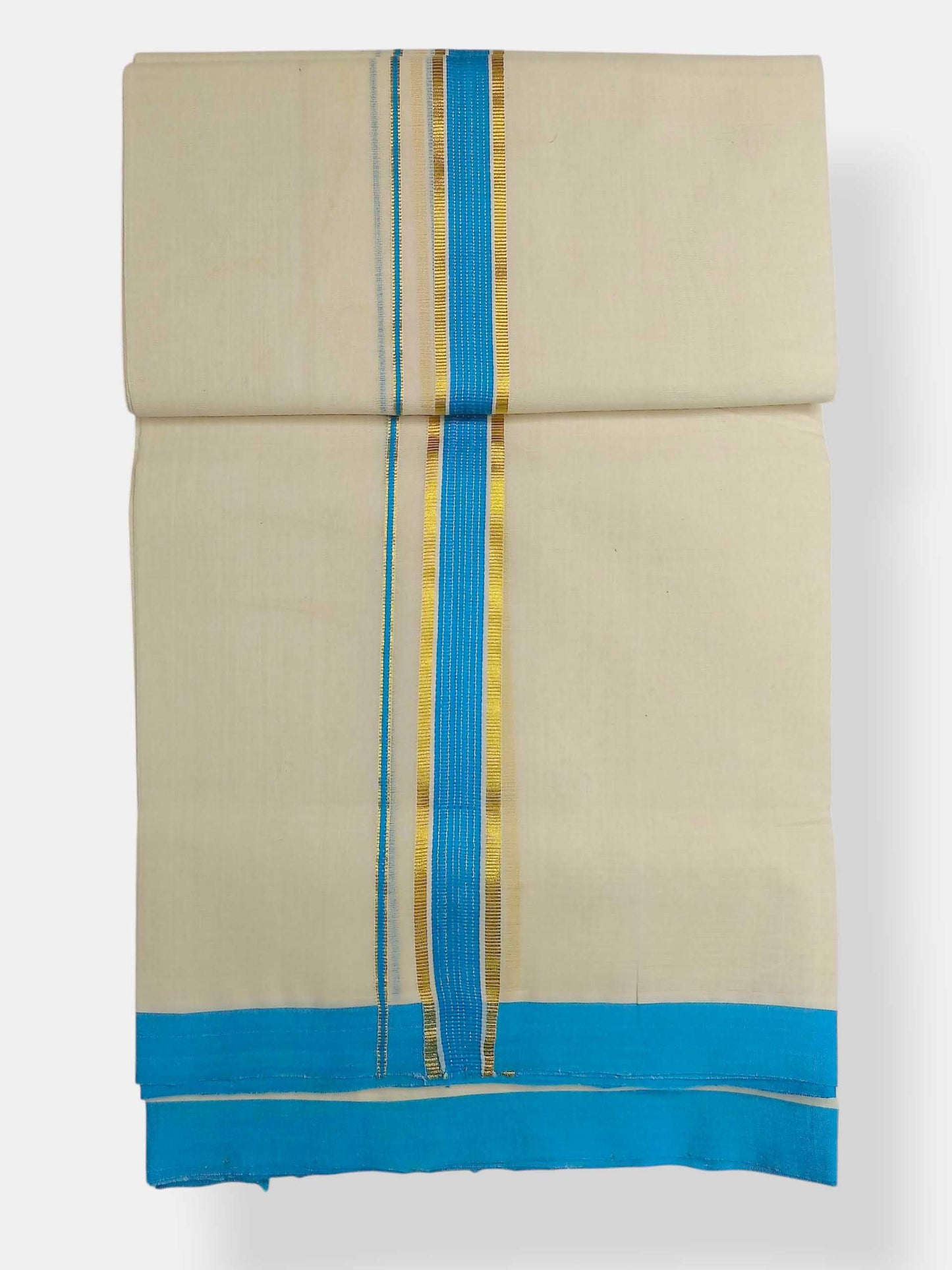 Balaramapuram Handloom Double Mundu Pure Cotton with SkyBlue Border