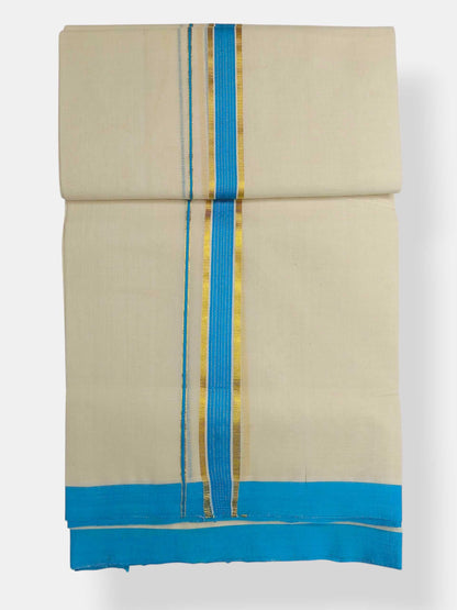 Balaramapuram Handloom Double Mundu Pure Cotton with SkyBlue Border