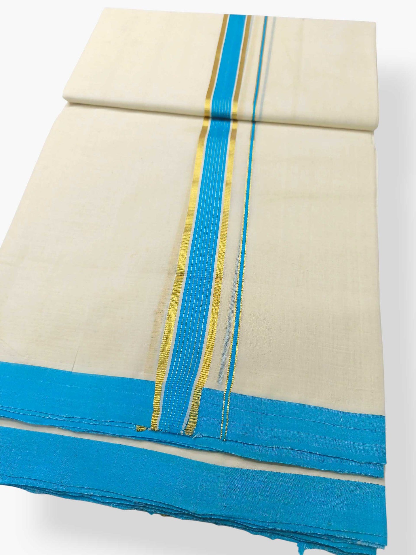Balaramapuram Handloom Double Mundu Pure Cotton with SkyBlue Border