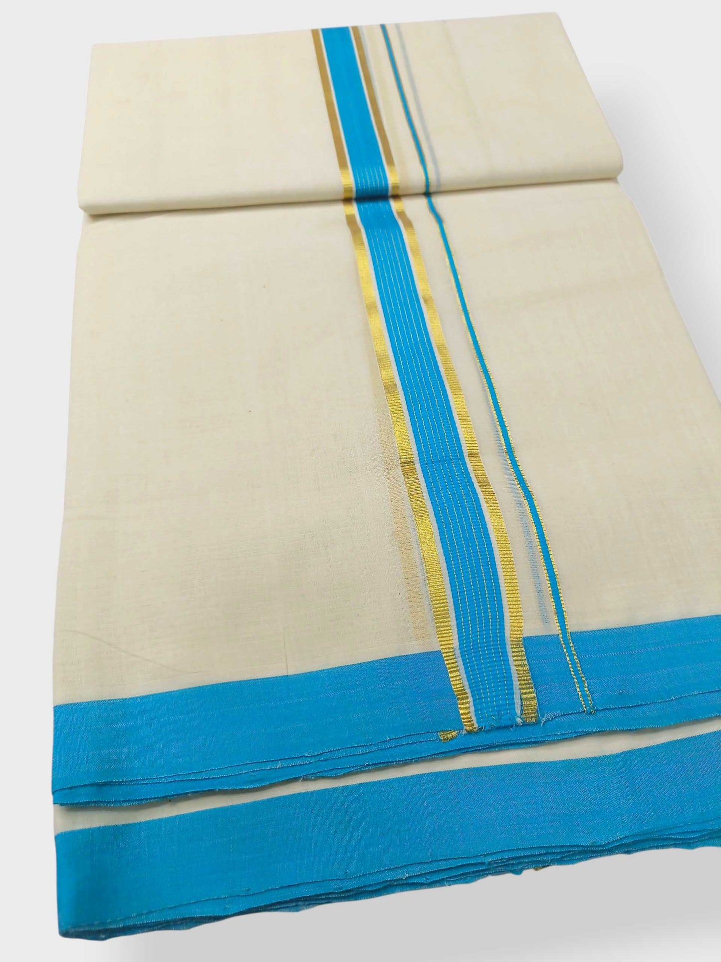Balaramapuram Handloom Double Mundu Pure Cotton with SkyBlue Border
