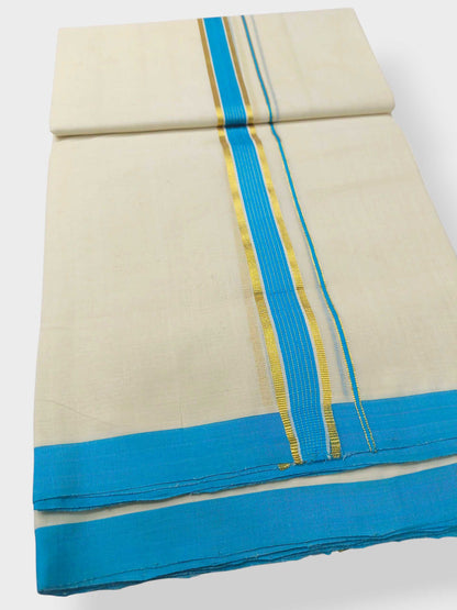 Balaramapuram Handloom Double Mundu Pure Cotton with SkyBlue Border