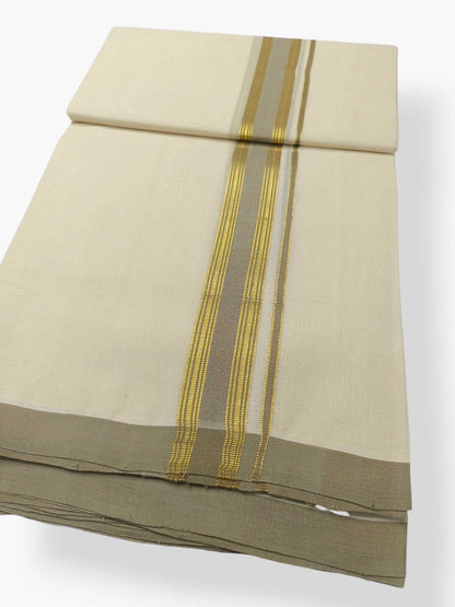 Balaramapuram Handloom Double Mundu Pure Cotton with Khakhi Border