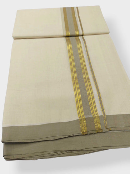 Balaramapuram Handloom Double Mundu Pure Cotton with Khakhi Border