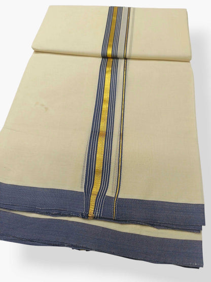 Balaramapuram Handloom Double Mundu Pure Cotton with Blue Border