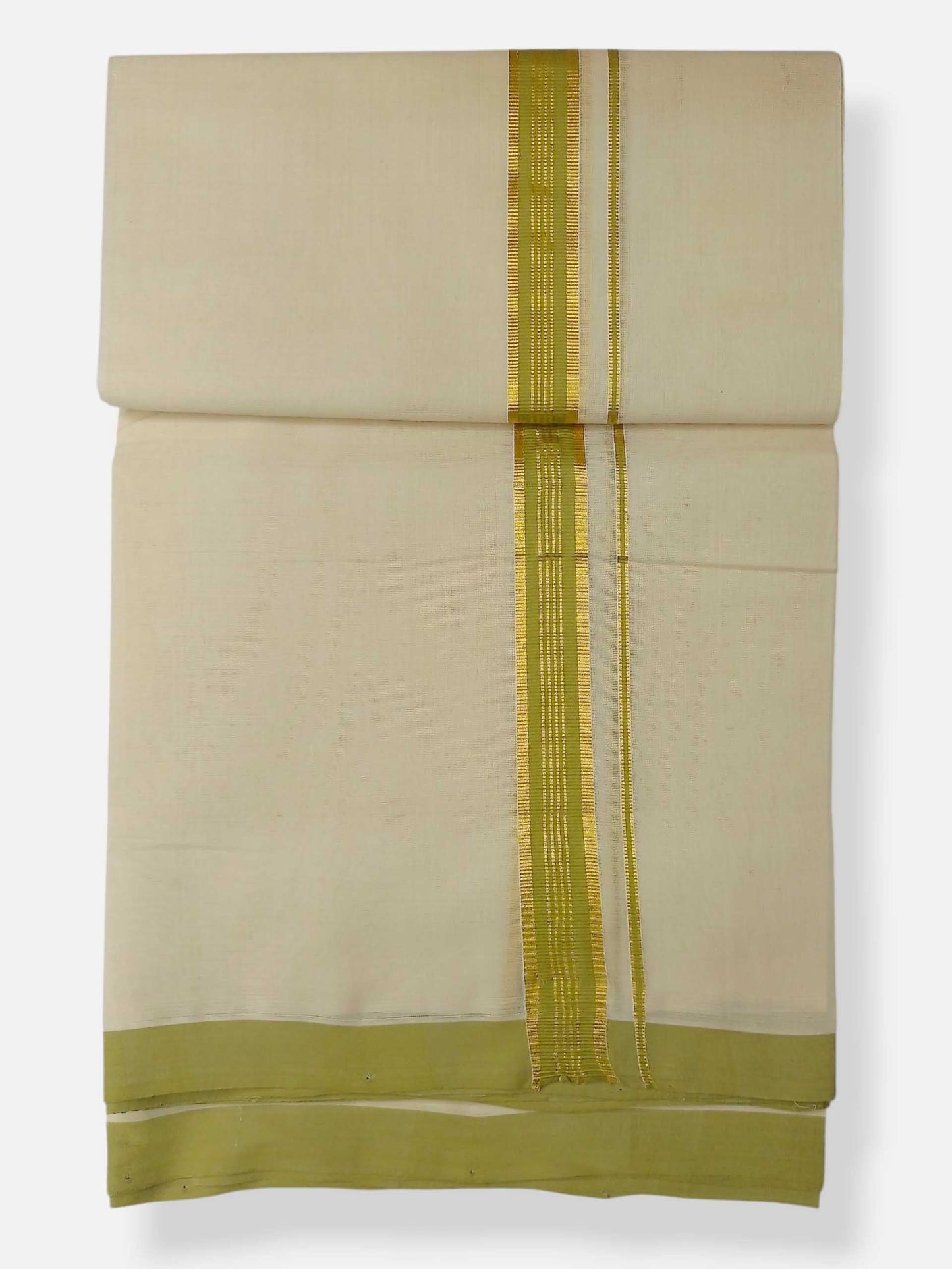 Balaramapuram Handloom Double Mundu Pure Cotton with Yellow Green Border