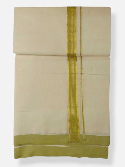 Balaramapuram Handloom Double Mundu Pure Cotton with Yellow Green Border