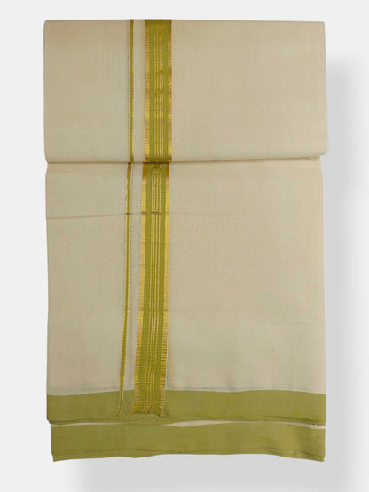 Balaramapuram Handloom Double Mundu Pure Cotton with Yellow Green Border