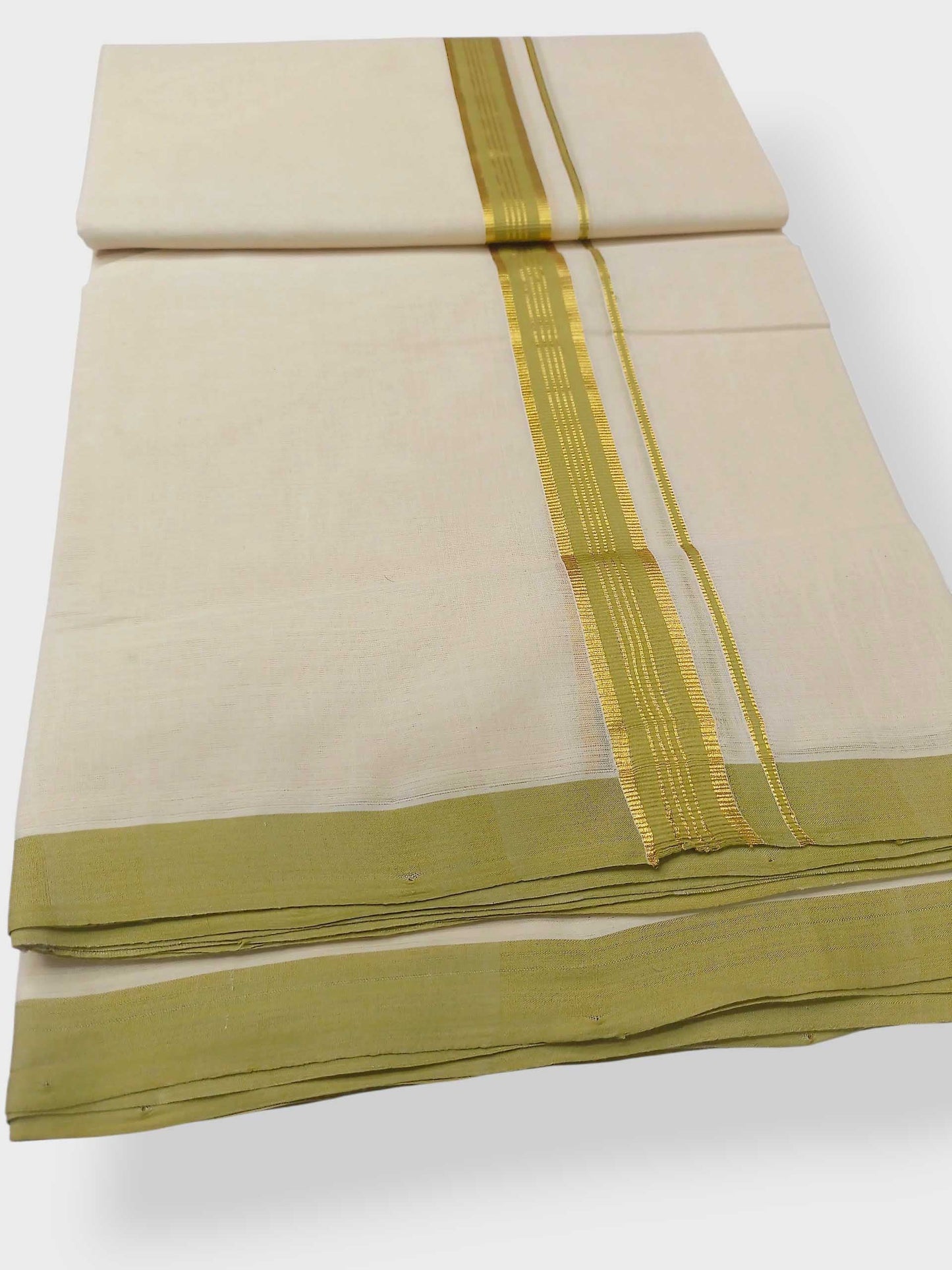 Balaramapuram Handloom Double Mundu Pure Cotton with Yellow Green Border