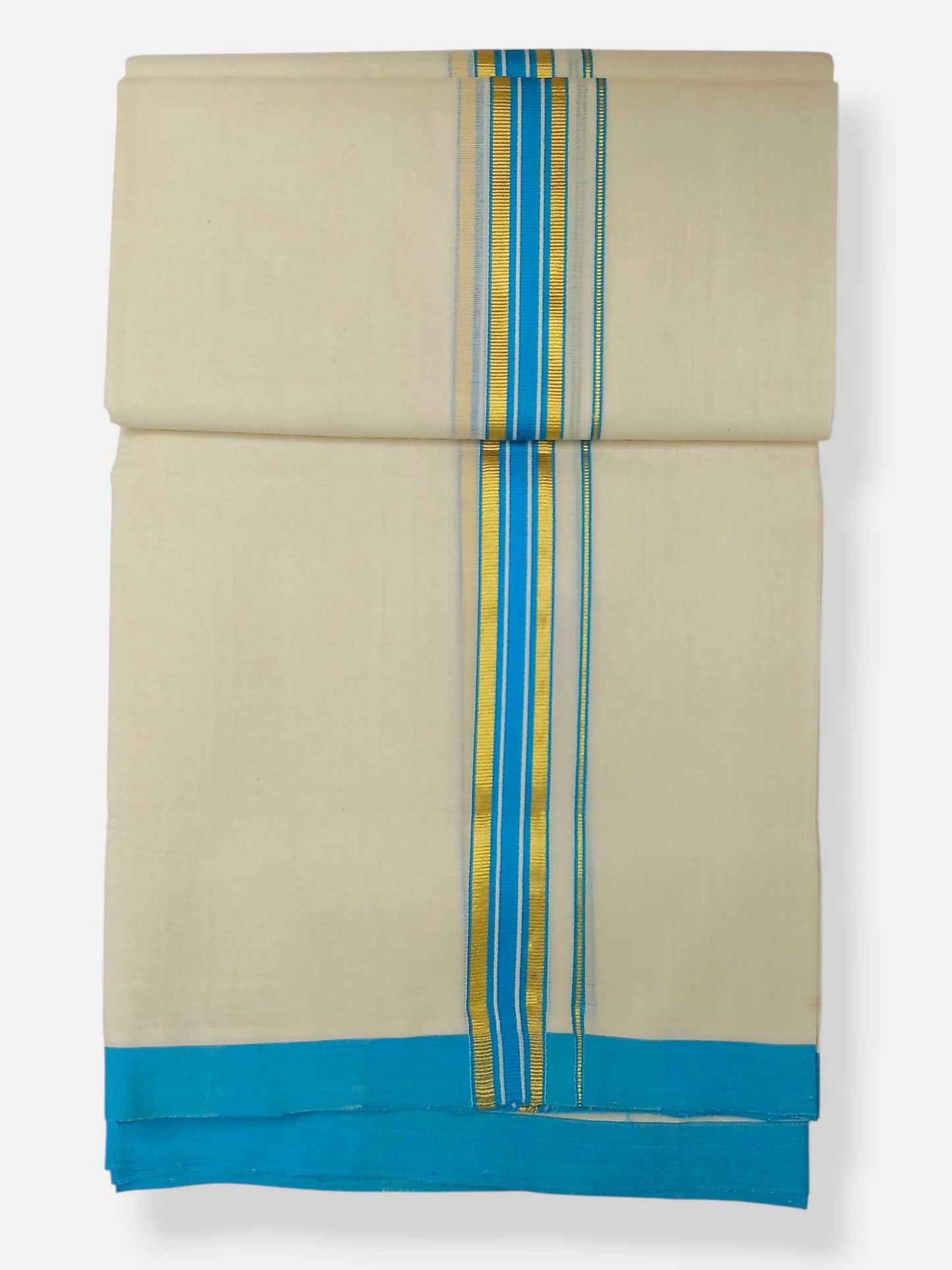 Balaramapuram Handloom Double Mundu Pure Cotton with SkyBlue Border