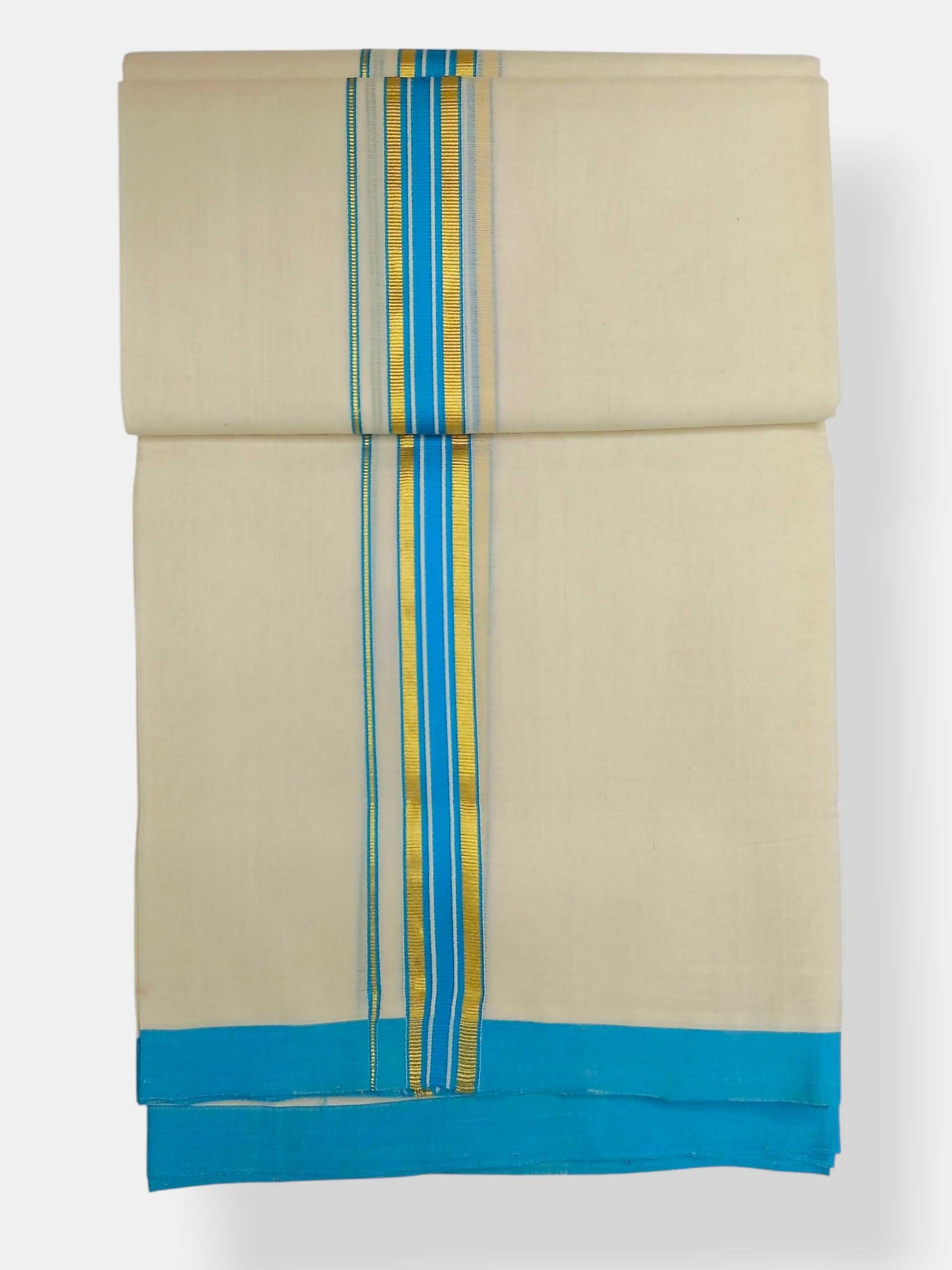 Balaramapuram Handloom Double Mundu Pure Cotton with SkyBlue Border