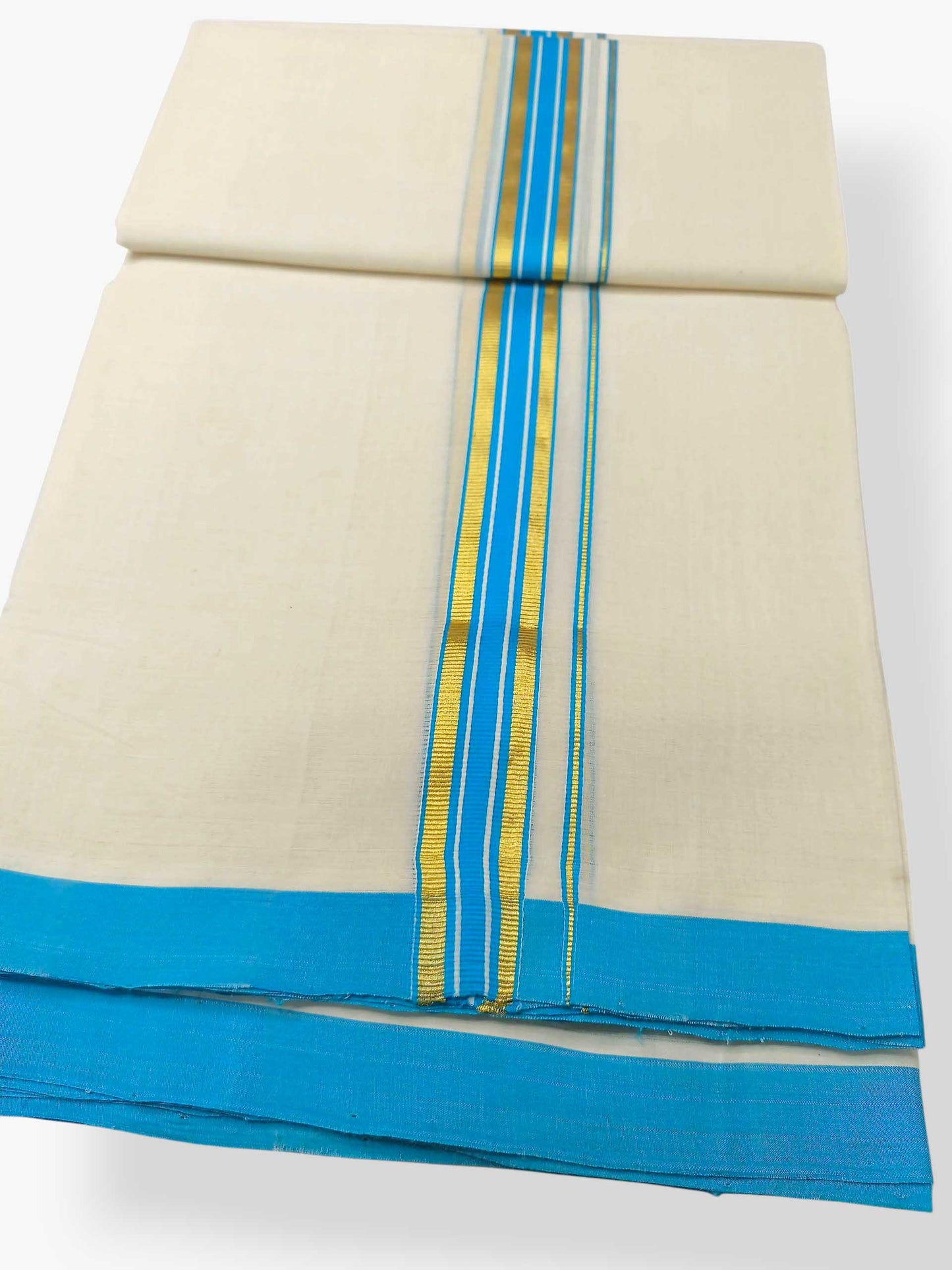 Balaramapuram Handloom Double Mundu Pure Cotton with SkyBlue Border