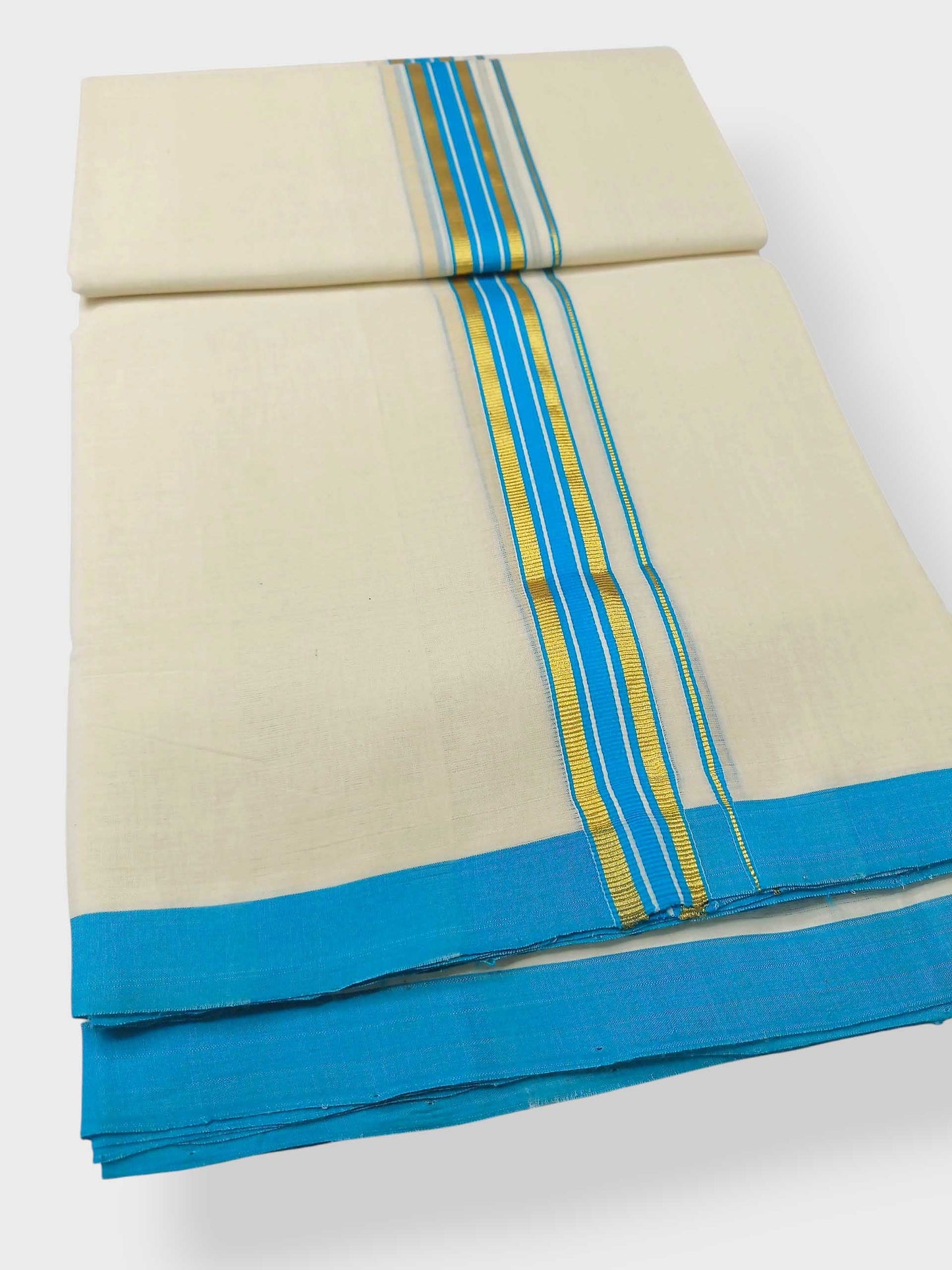 Balaramapuram Handloom Double Mundu Pure Cotton with SkyBlue Border