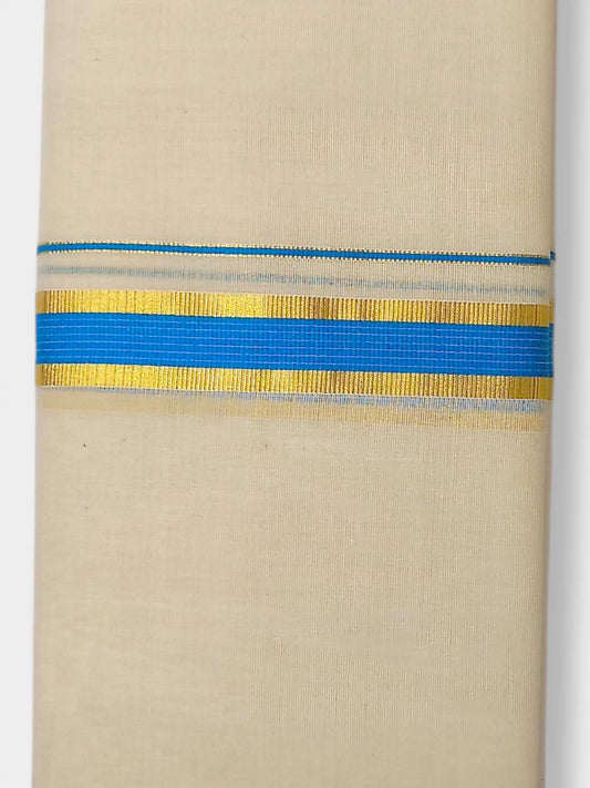 Balaramapuram Handloom Double Mundu Pure Cotton with SkyBlue Border
