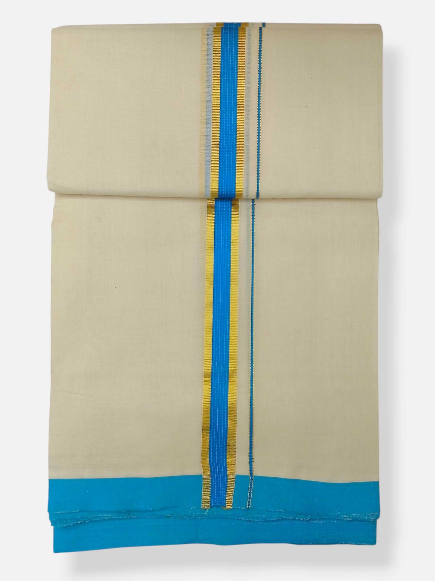 Balaramapuram Handloom Double Mundu Pure Cotton with SkyBlue Border