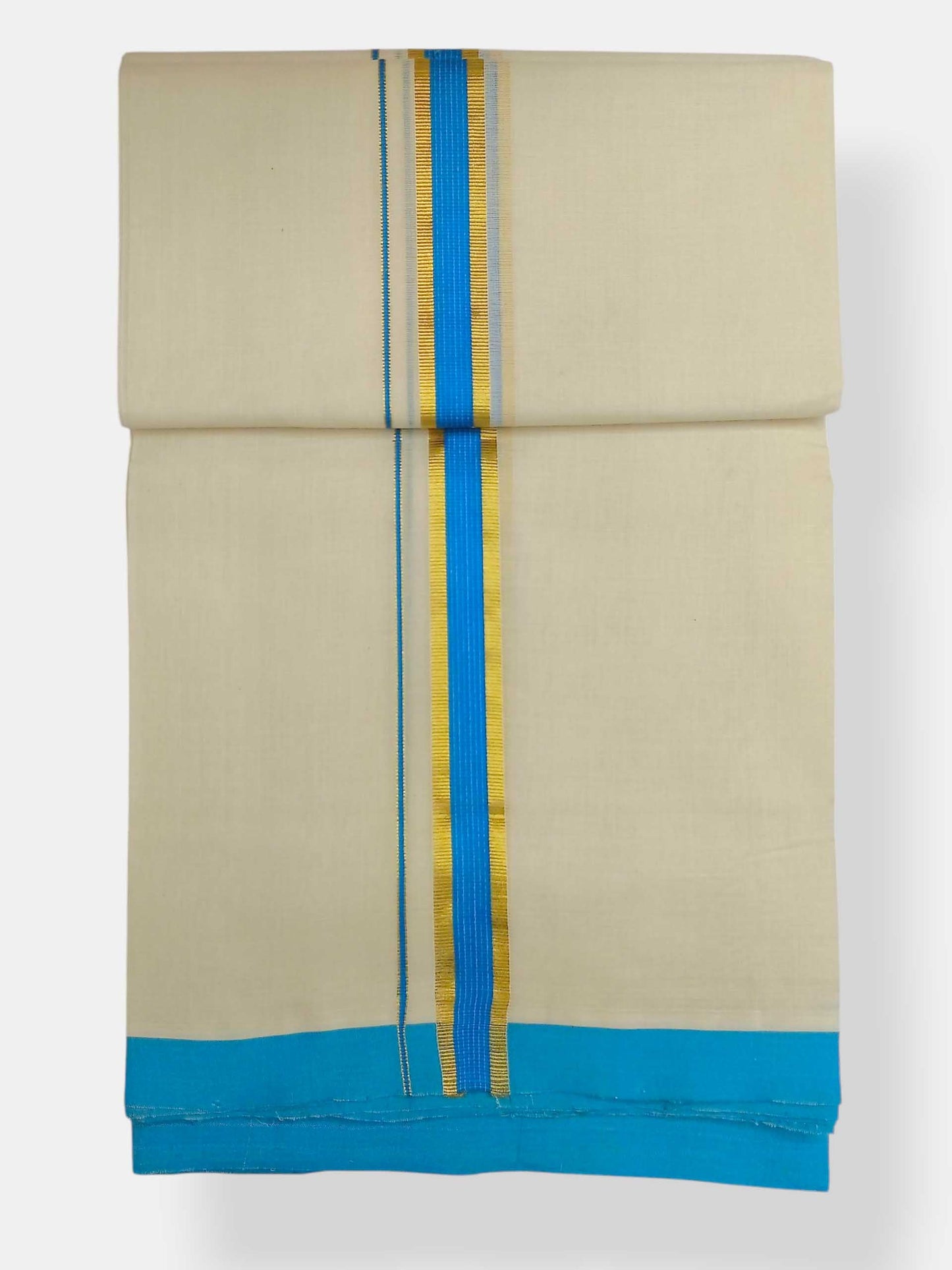 Balaramapuram Handloom Double Mundu Pure Cotton with SkyBlue Border