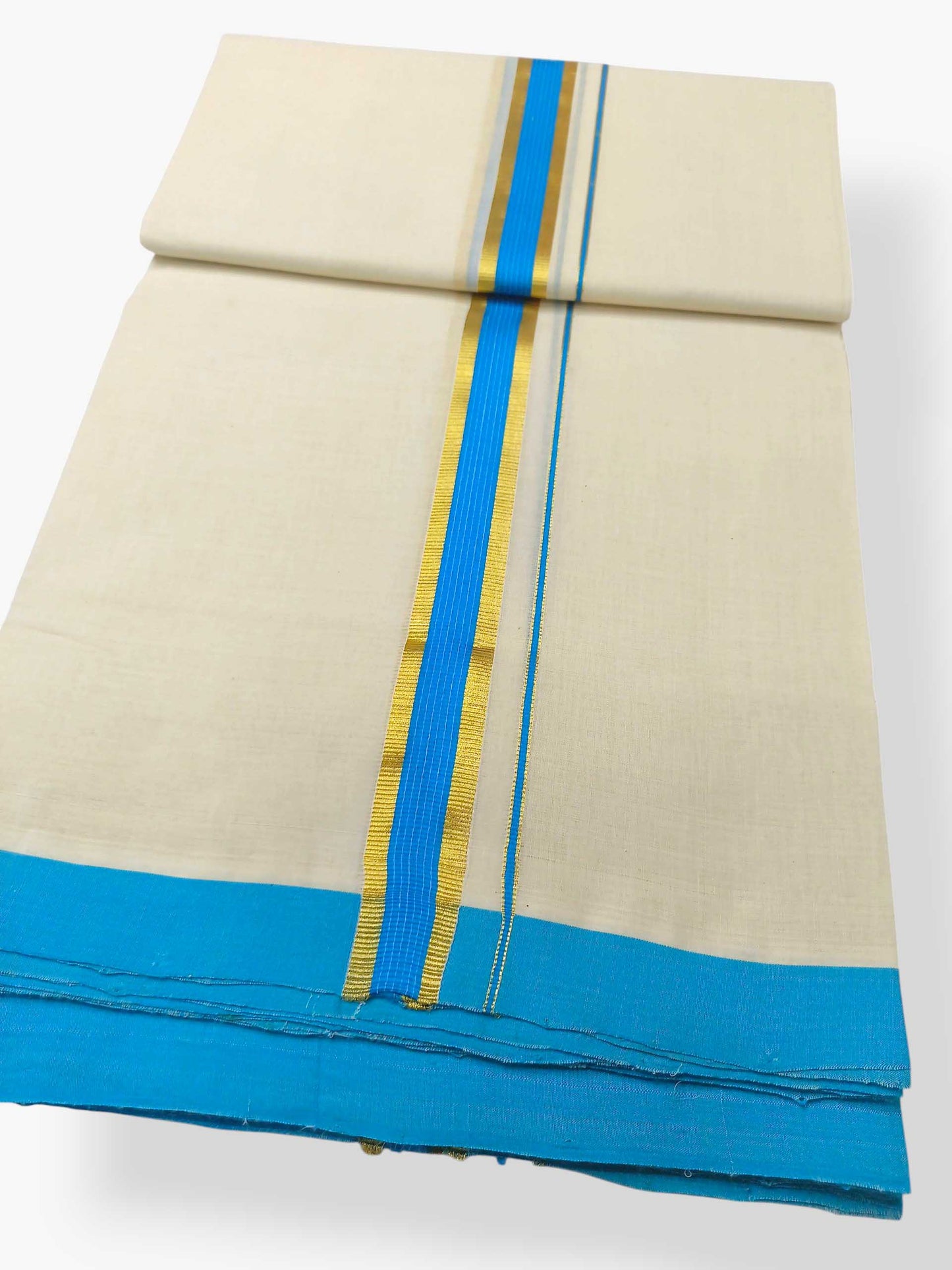 Balaramapuram Handloom Double Mundu Pure Cotton with SkyBlue Border