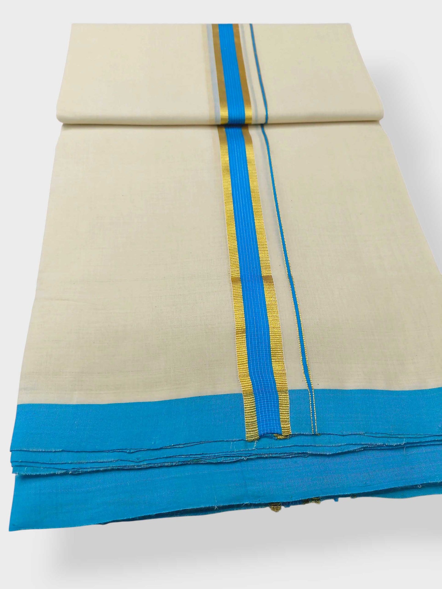 Balaramapuram Handloom Double Mundu Pure Cotton with SkyBlue Border