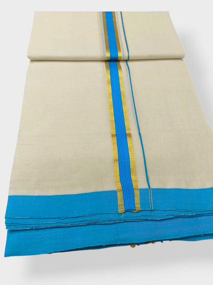 Balaramapuram Handloom Double Mundu Pure Cotton with SkyBlue Border