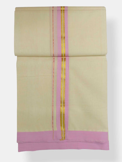 Balaramapuram Handloom Double Mundu Pure Cotton with Rose Border