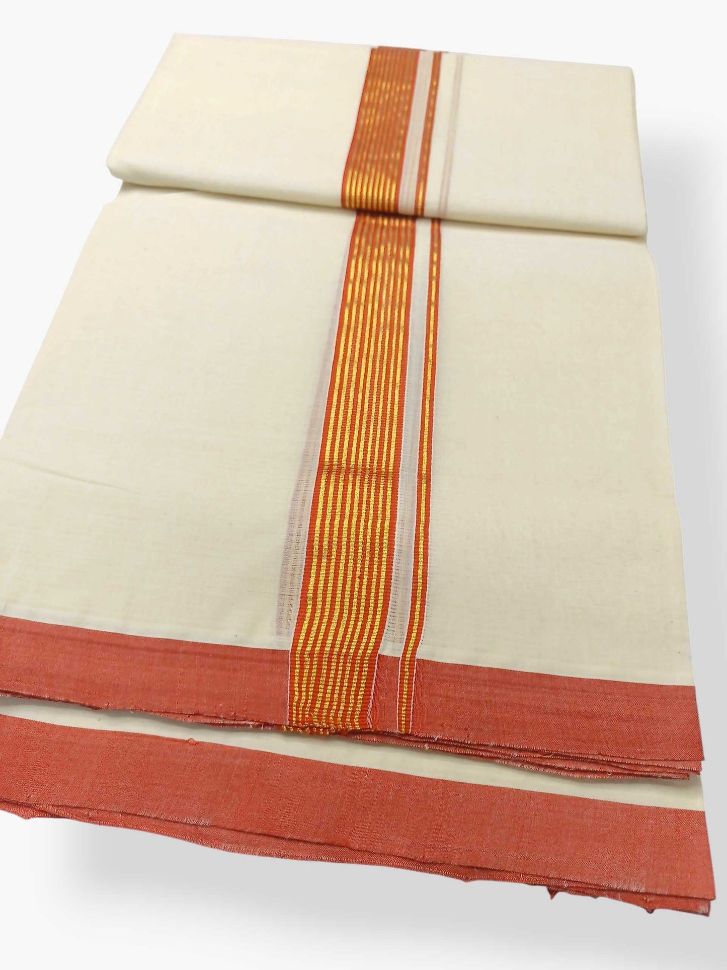 Balaramapuram Handloom Double Mundu Pure Cotton with Orange Border