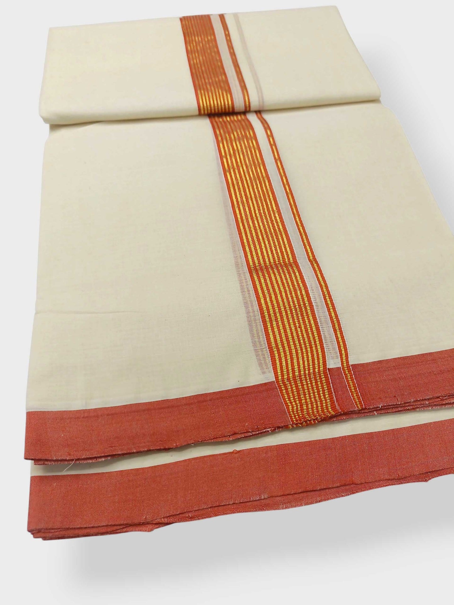 Balaramapuram Handloom Double Mundu Pure Cotton with Orange Border