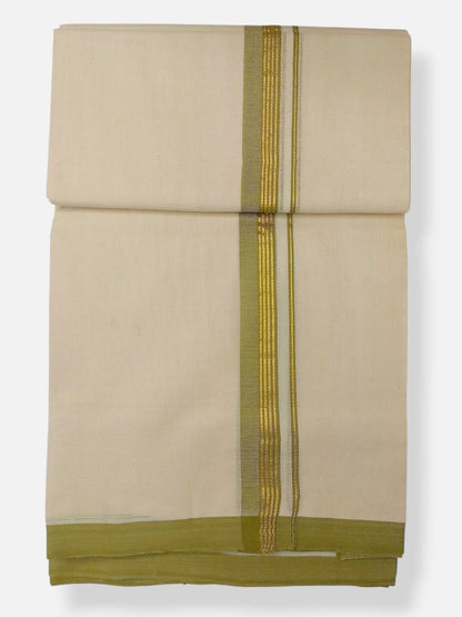 Balaramapuram Handloom Double Mundu Pure Cotton with Olive Green Border