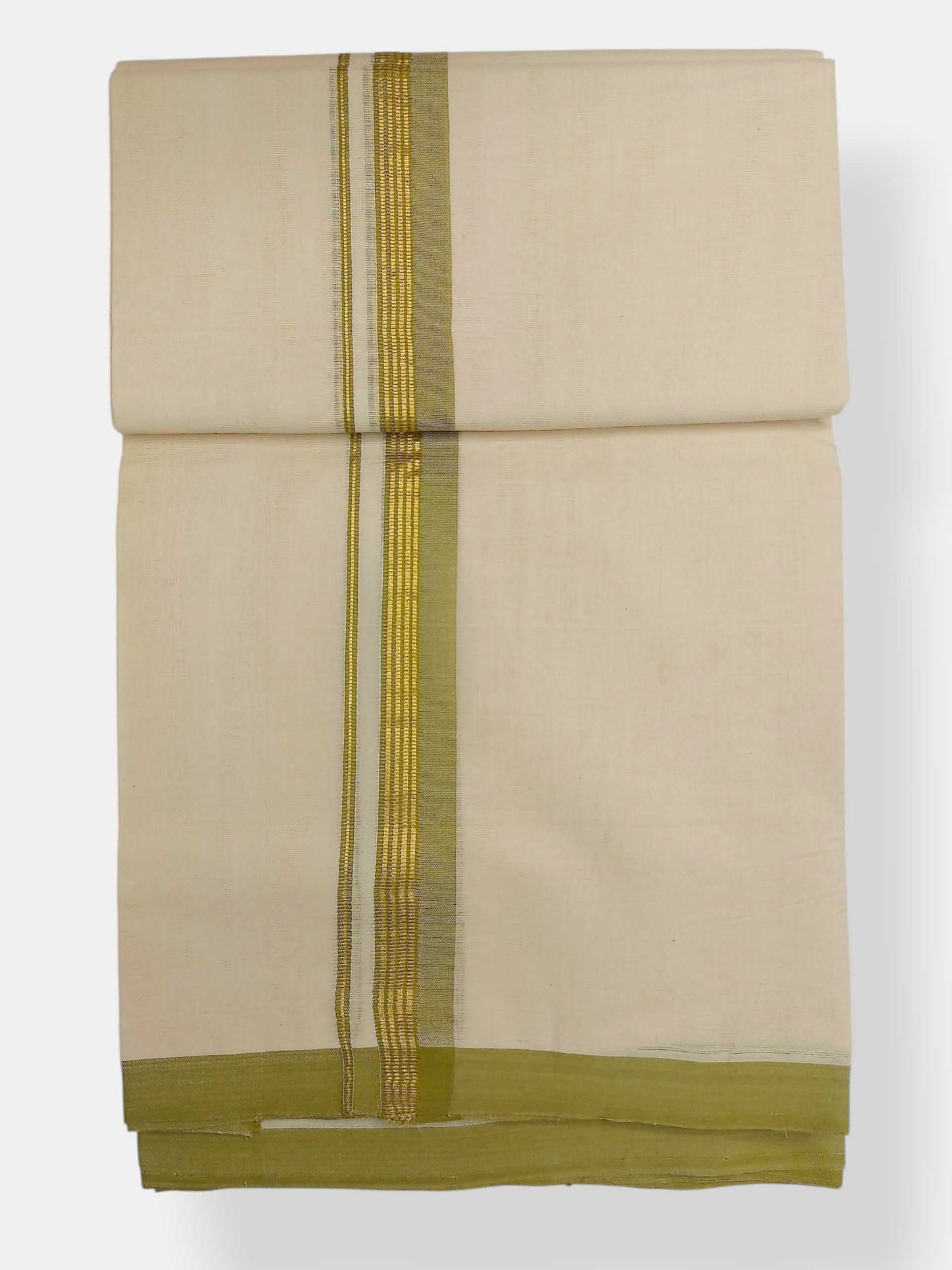 Balaramapuram Handloom Double Mundu Pure Cotton with Olive Green Border
