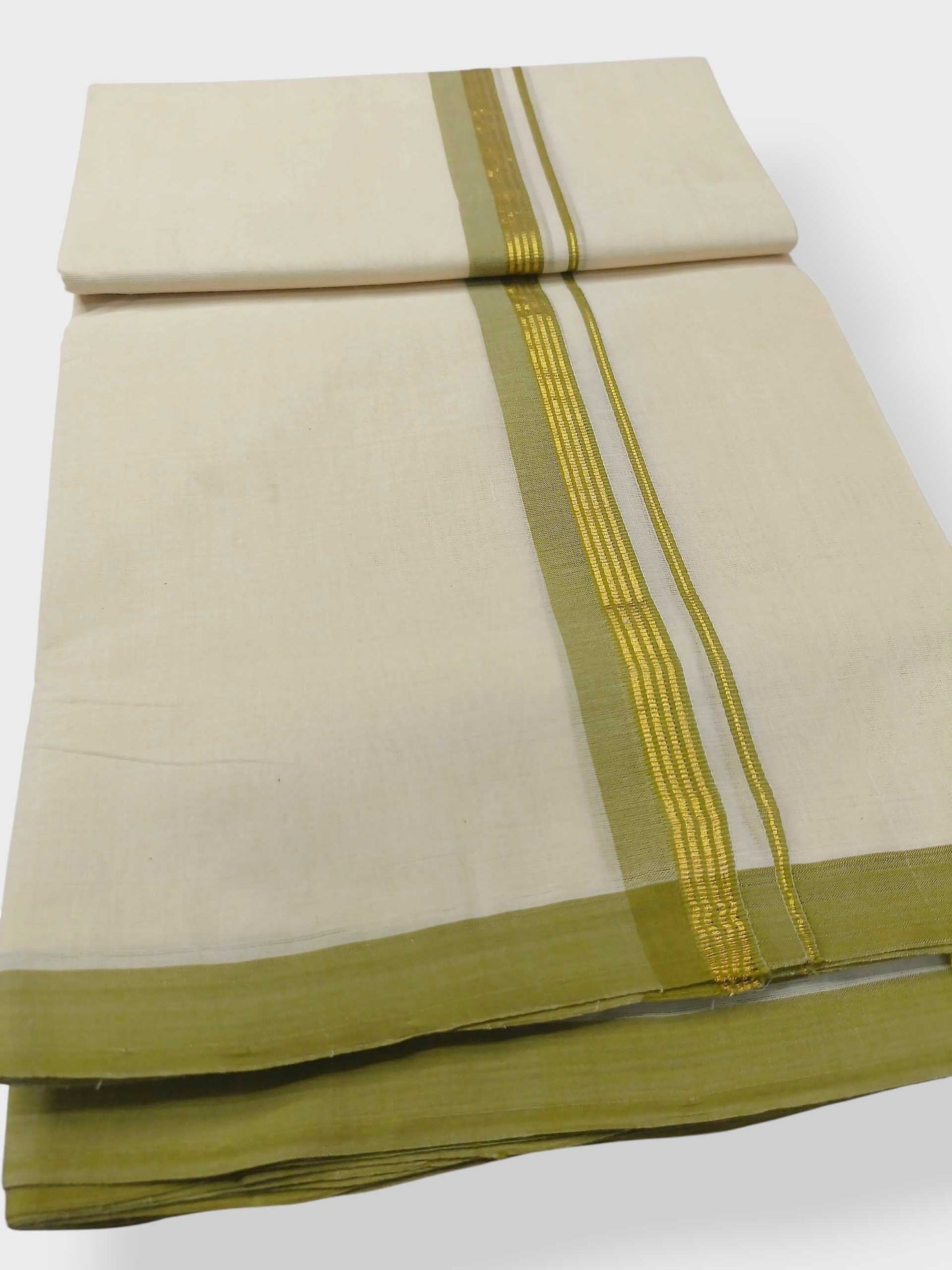 Balaramapuram Handloom Double Mundu Pure Cotton with Olive Green Border