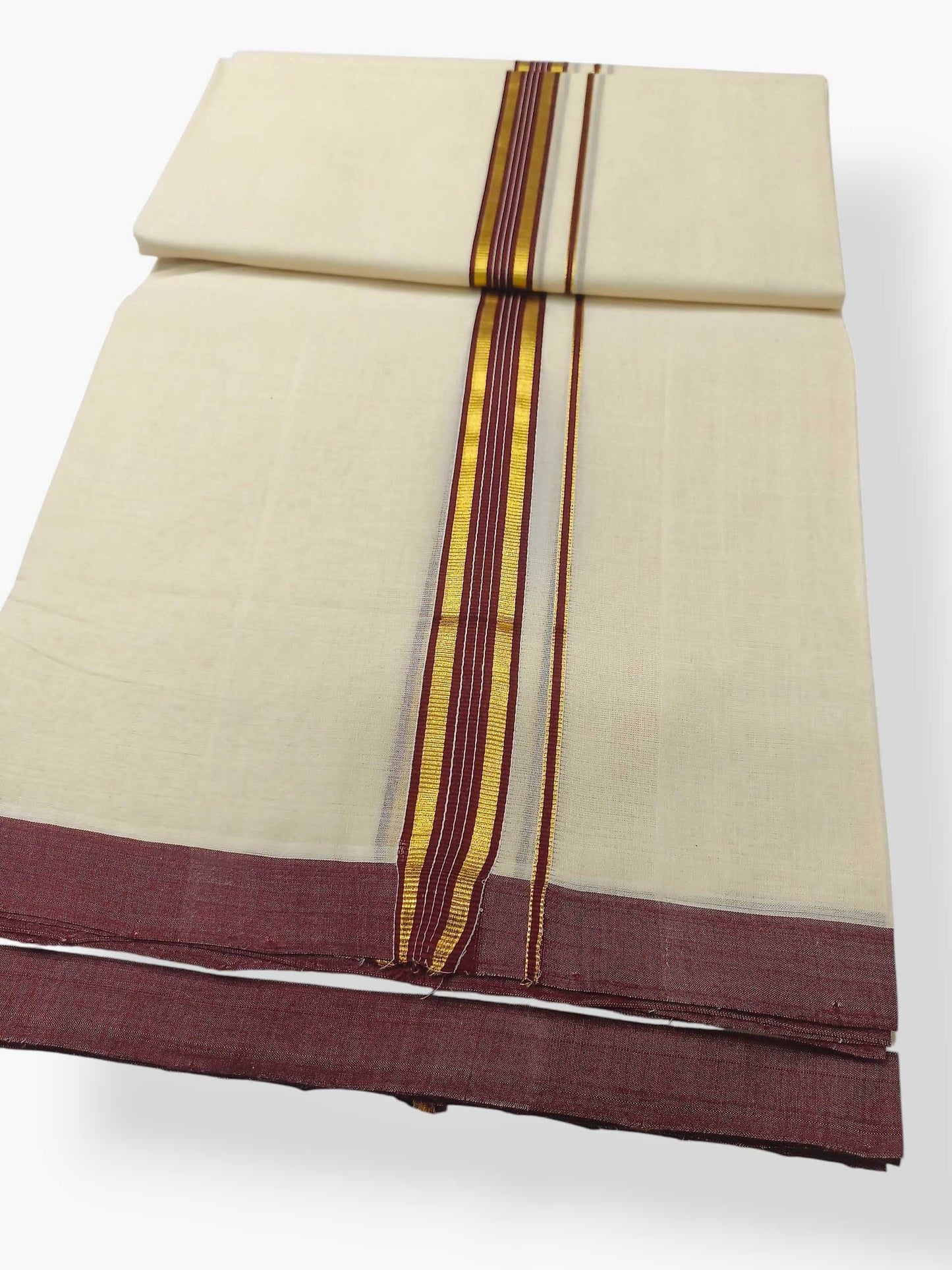 Balaramapuram Handloom Double Mundu Pure Cotton with Brown Border