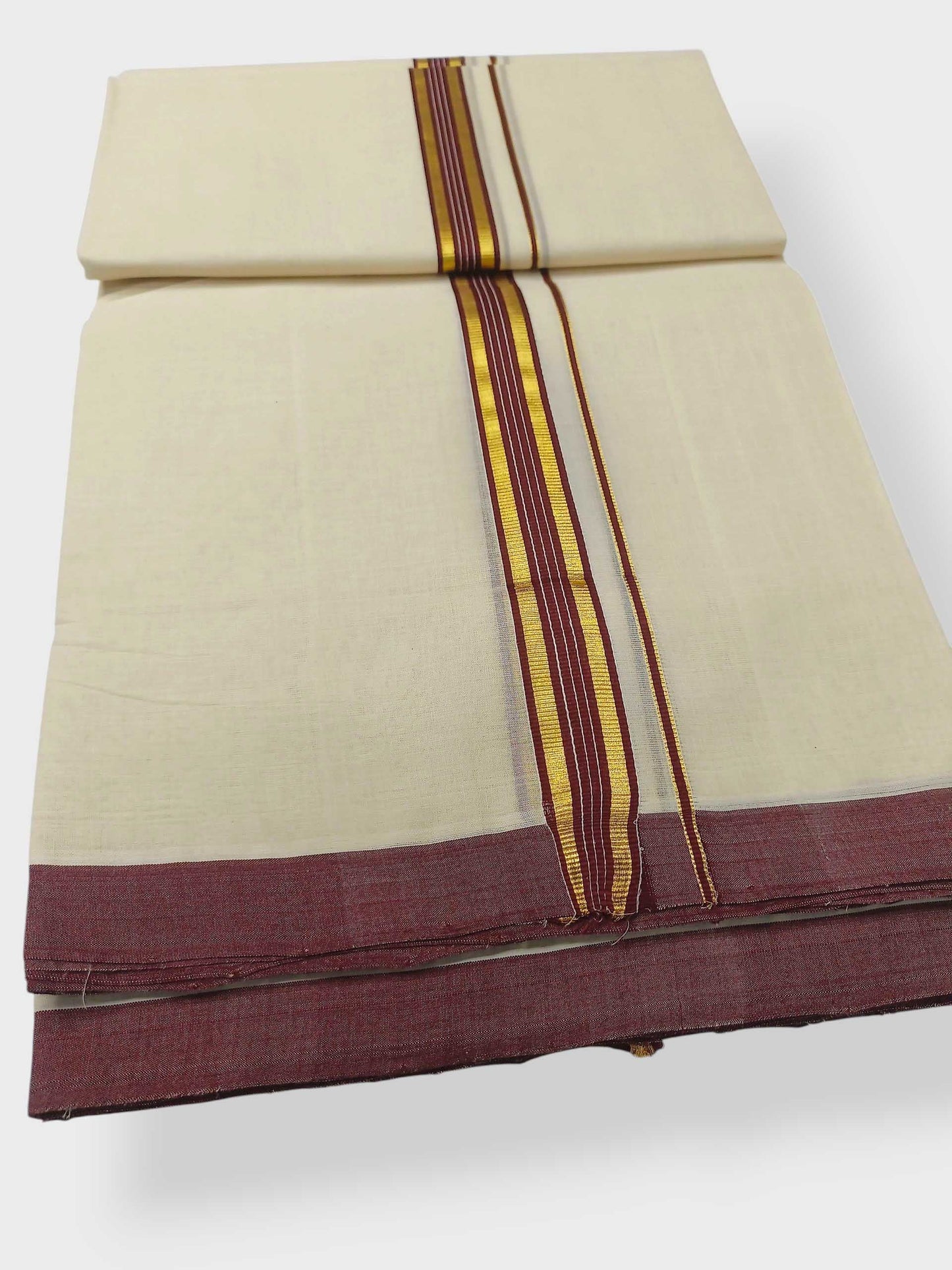Balaramapuram Handloom Double Mundu Pure Cotton with Brown Border
