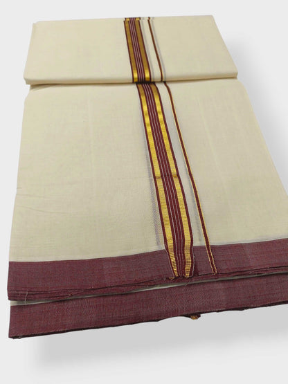 Balaramapuram Handloom Double Mundu Pure Cotton with Brown Border