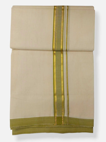 Balaramapuram Handloom Double Mundu Pure Cotton with Olive Green Border